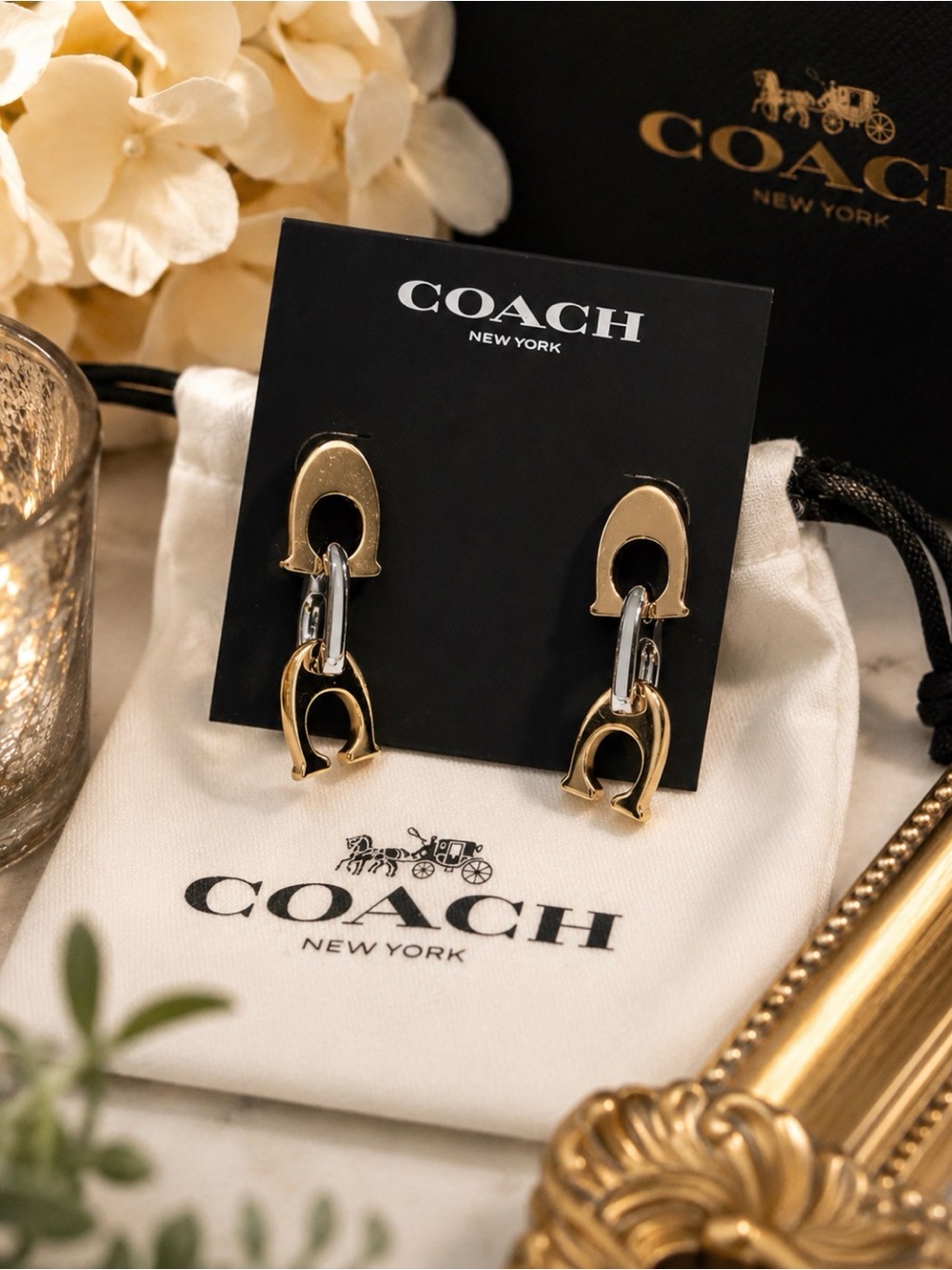 COACH Two Tone Signature Gold and Silver Link Drop Earrings